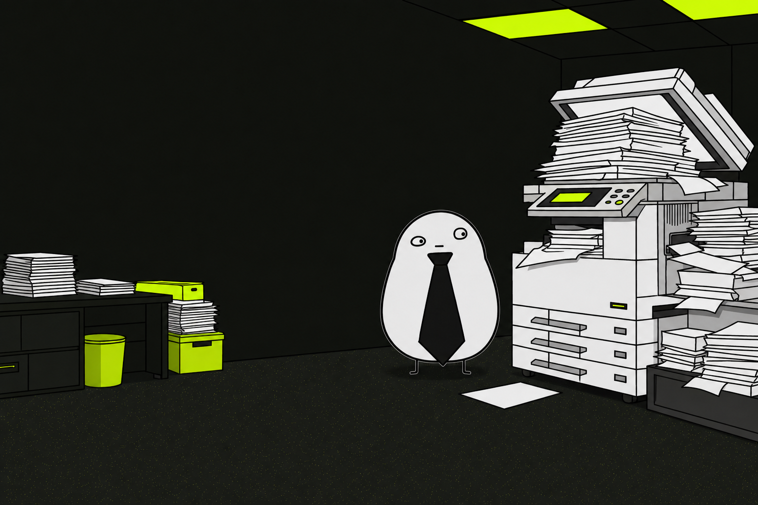 Tie Guy standing in a dark office beside an overflowing copier